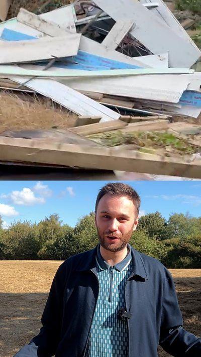 Top half of the photo is a pile of rubbish, the second half is a reporter speaking directly into the camera. 