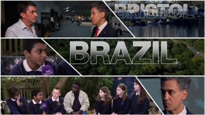 An image of Ed Miliband being interviewed along with kids talking to Newsround presenter De-Graft.Locations such as Brazil and Bristol are also shown with text marking the location.