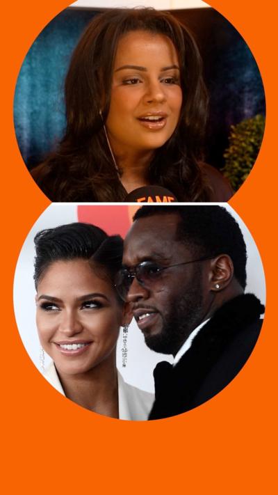 Split screen showing a file pic of Cassie Ventura and Sean Combs at the bottom, and Anoushka Mutanda-Dougherty at the top.