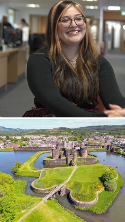 A smiling girl with black and orange hair and glasses and a picture of Caerphilly castle from above