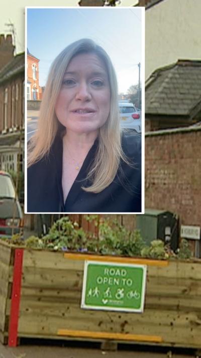 A woman with blonde hair and black top in an inset photo. Behind is a second image showing a closed road in a low traffic neighbourhood