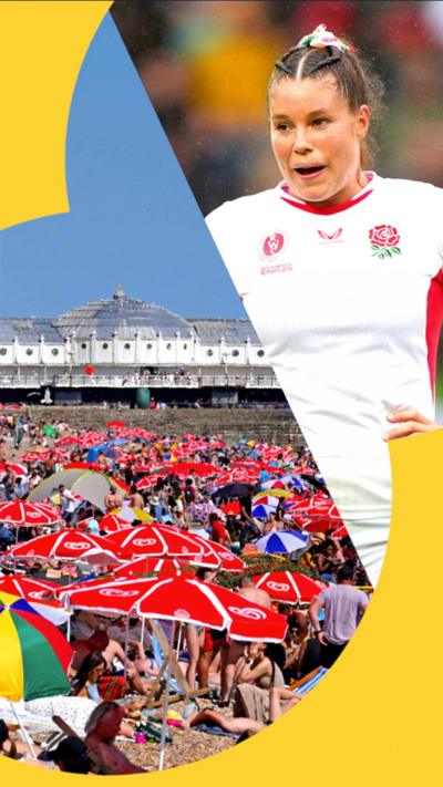 A split screen of Brighton beach packed with sunbathers and parasols with the pier in the background and England rugby player Jess Breach in kit on the pitch