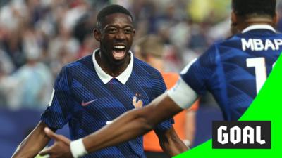 Ousman Dembele celebrates scoring the third goal with Kylian Mbappe 