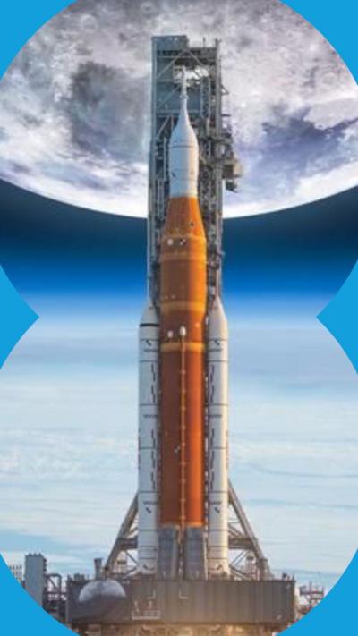 Stylised montage image of the Artemis II rocket on a launch pad with an exaggeratedly large Moon in the background