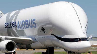 People take pictures as an Airbus Beluga XL transport plane lands during its first flight event in Colomiers near Toulouse