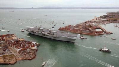 HMS Queen Elizabeth sailing into Portsmouth