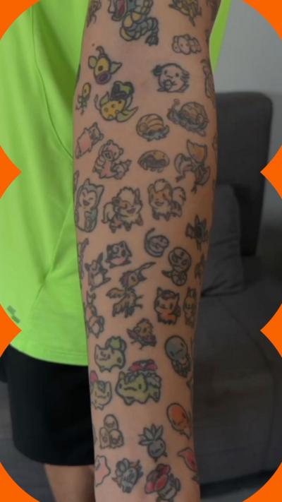 An covered in small Pokemon tattoos