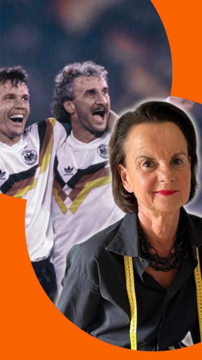 A composite image of a woman with a tape measure around her neck, and two West Germany footballers in retro kit