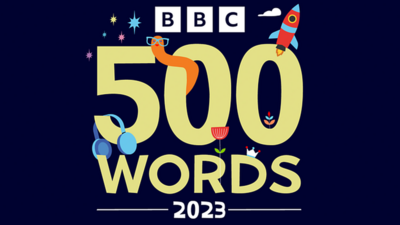 BBC 500 words logo, headphones, rocket, book worm and flower