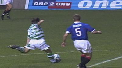 Lubo Moravcik scores for Celtic against Rangers