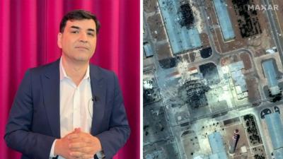 Split image of Corera in a suit while talking to the camera on the left and Maxar satellite image showing Asfahan after US strikes on the rightn