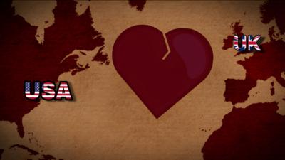 A heart showing a crack above the Atlantic ocean between the UK and US on a map.