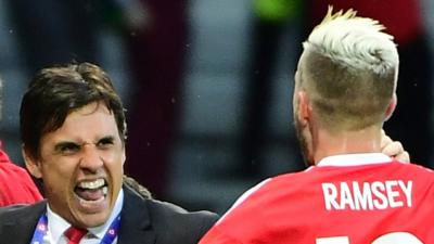 Chris Coleman and Aaron Ramsey celebrate