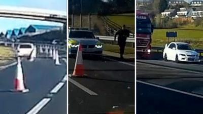 A split screen image, cut into three. The far left shows a white car driving into cones in the road, the middles shows a police car and a police officer running out. The right shows a white car with a red truck parked behind it.