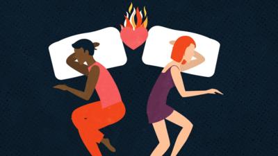 Illustration of a couple lying in bed with a flaming heart in between their pillows