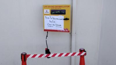 A picture of the vandalised defibrillator at Sudbrook Cricket Club in Caldicot