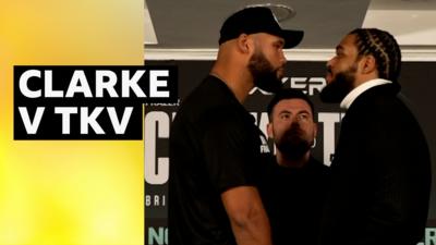 A composite image of Frazer Clarke and Jeamie 'TKV' Tshikeva during a faceoff, with yellow and black headline text added.