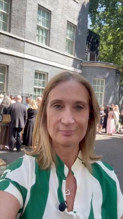 Female journalist in a green and white striped dress standing outside Number 10 Downing Street, crowds behind her.