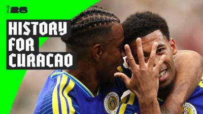 Watch as Livano Comenencia makes national history scoring Curacao's first-ever World Cup goal against Germany in their Group E match.