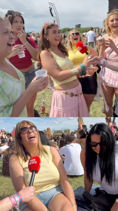 A group of women stand in a field at Herrington Country Park for BBC Radio !'s Big Weekend in Sundelrand. They are wearing pastel clothing.