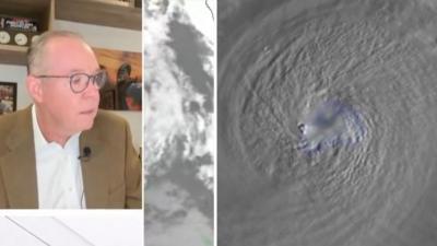 Split screen showing weather presenter giving remote update and Hurricane Milton satellite image