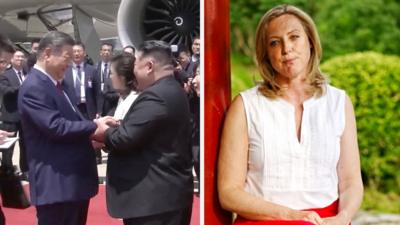 On the left, Xi Jinping holding hands with Kim Jong Un. On the right, Laura Bicker.