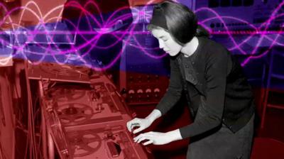 A woman operating a reel to reel tape deck surrounded by purple sound waves