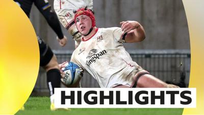 Tom Stewart scores his third try for Ulster against Dragons