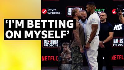'I'm betting on myself' text over picture of Jake Paul and Anthony Joshua facing off