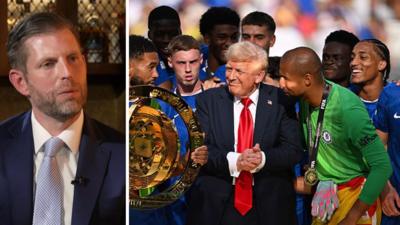 Eric Trump (left), Reece James looks at Donald Trump while holding a trophy (right)