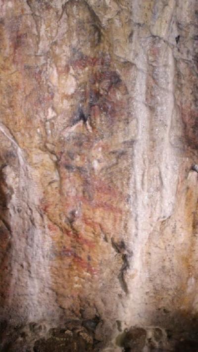 A dark red area of ancient cave art on light rock