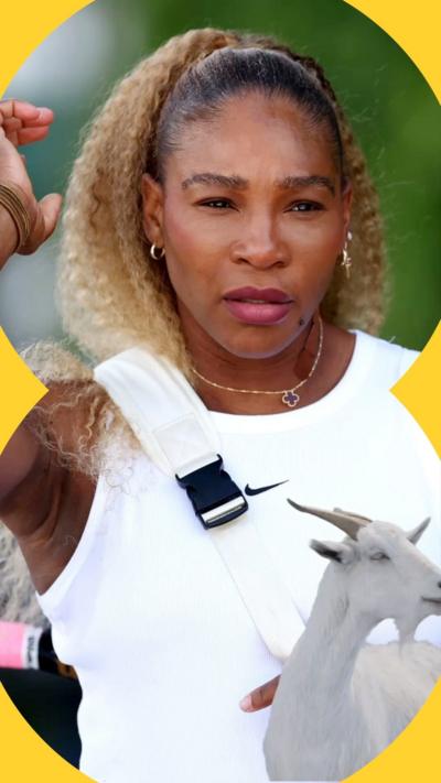 Serena Williams wearing a white tennis dress