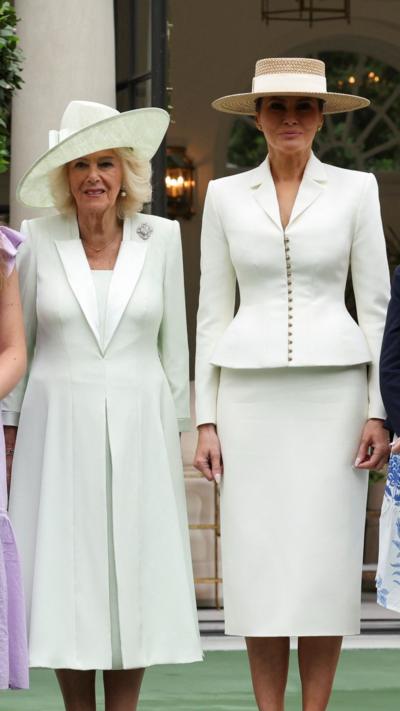 Queen Camilla and Melania Trump posing for pictures 