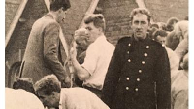 Sir Mansel Aylward (white shirt) at the scene of the Aberfan disaster, in 1966