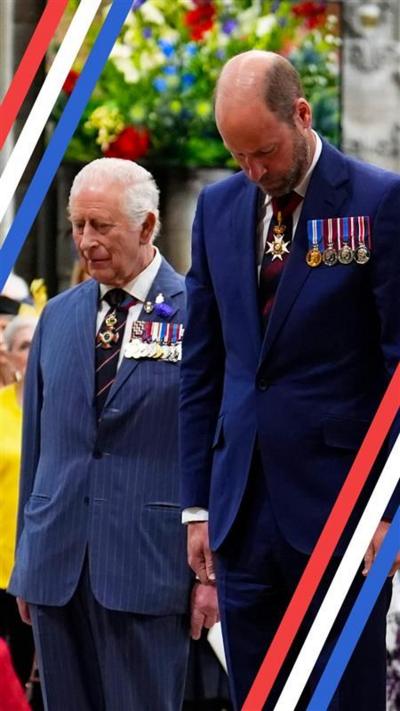 King Charles III and Prince William stood together, bowing their heads in silence in Westminster Abbey