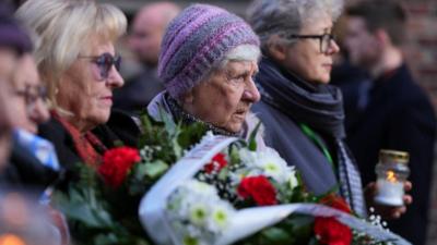 Survivor Janina Iwanska during the 80th anniversary of the liberation of Auschwitz-Birkenau