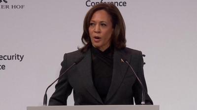 Kamala Harris on stage in Munich