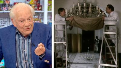 Composite image showing David Jason on left side, and chandelier scene from Only Fools and Horses