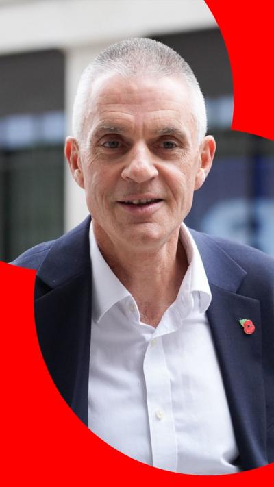 Tim Davie wearing a navy blue suit jacket and a white shirt.