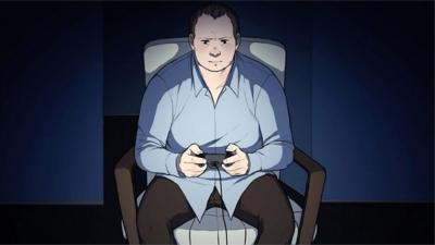 Line drawing of a man playing a video game