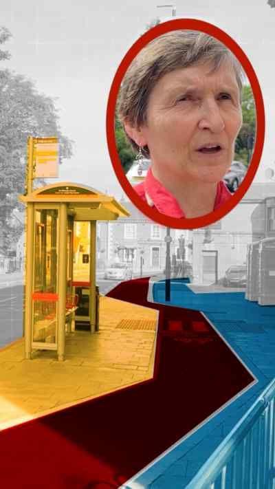 A graphic highlighting a cycle path between the main pavement and a bus stop. A female campaigner is also pictured in a little oval shape in the corner of the picture.