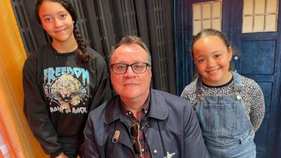 Newsrounders Mia and Talia with Doctor Who boss Russell T Davies