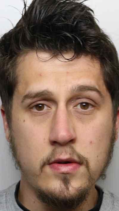 A man with medium length brown hair and a thin goatee beard stares out from a police mugshot