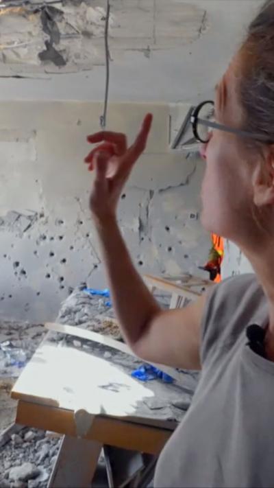 BBC correspondent pointing at ceiling of destroyes house