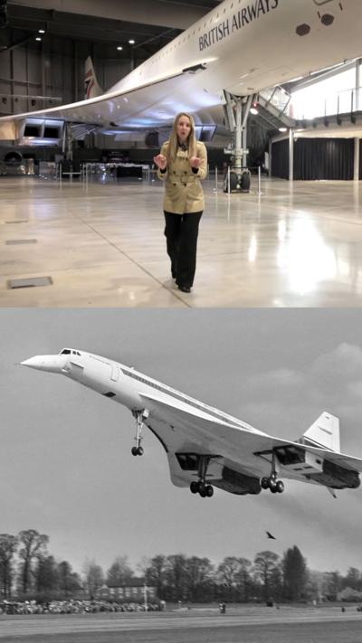 Two square images, one on top of the other. The top shows a woman with blonde hair walking underneath Concorde in an aircraft hangar. The British Airways logo is painted on the side of the plane. The lower image is of Concorde taking off. It is in black and white. The aircraft has a pointed nose and a thin body with sleek, curved wings.
