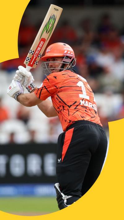 Mitch Marsh holds his bat in the air preparing to strike