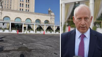 On the left, a picture outside the Blazi Rossi Italian restaurant in Moscow. On the right, Steve Rosenberg.