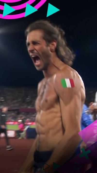Gianmarco Tamberi shouts and celebrates his gold medal