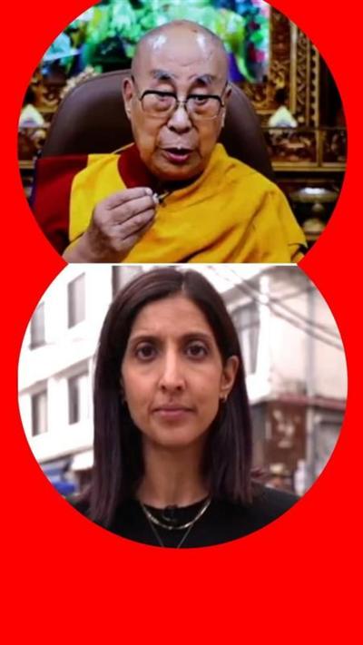 Composite image of the Dalai Lama giving announcement and the BBC's Samira Hussain