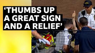 Tampa Bay pitcher Biggie is hit in the head by a foul ball